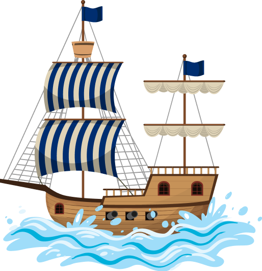 Рисованый деревянный двухмачтовый парусный корабль на волнах. На передней мачте паруса опущены, паруса в вертильную бело-синюю полоску. На корабле выставлены три бортовые пушки.