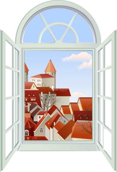 Рисованное изображение "Окно в Европу". В открытом окне виднеются дома с красными крышами.